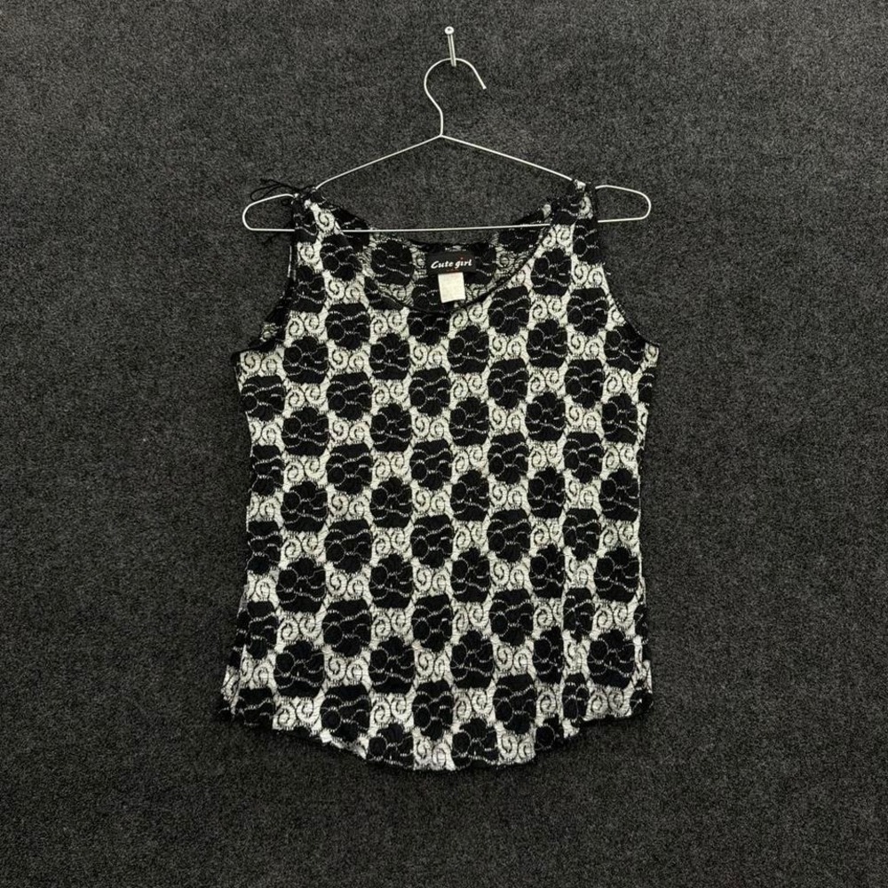 Women's Small Cute Girl Black White Floral Lace Tank Top Y2K